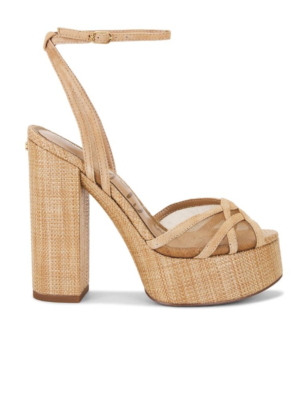 Sam Edelman Sandy Sandal tan suede mesh chunky high heel ankle strap
